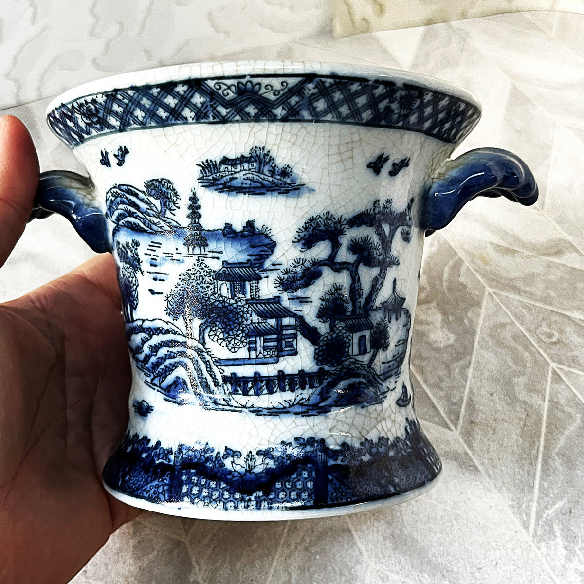 Planter: United Wilson Blue Willow Porcelain Cachepot Planter
