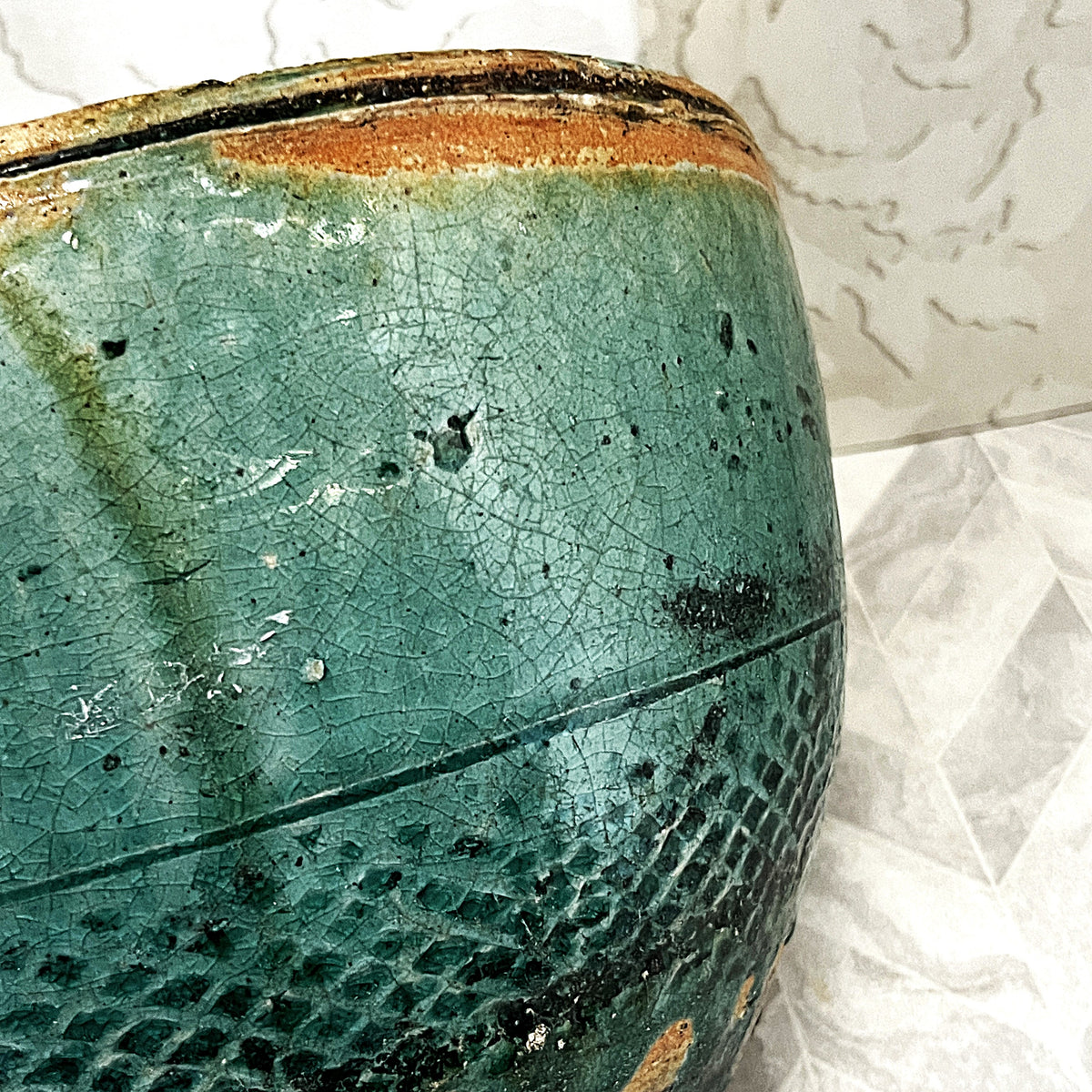 Oriental Art: Antique 19th-Century Chinese Provincial Turquoise Glazed Wabi-Sabi Planter Bowl