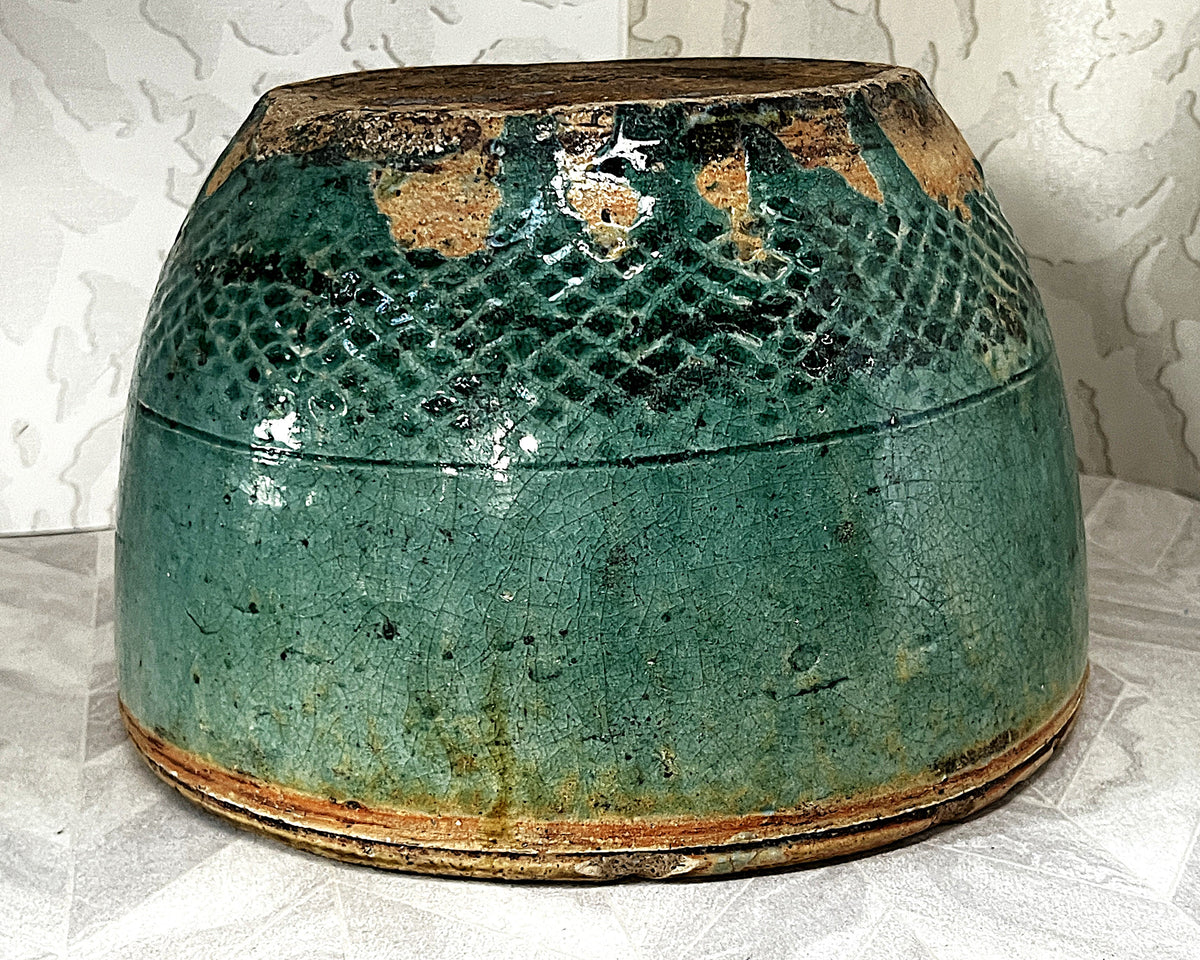 Oriental Art: Antique 19th-Century Chinese Provincial Turquoise Glazed Wabi-Sabi Planter Bowl