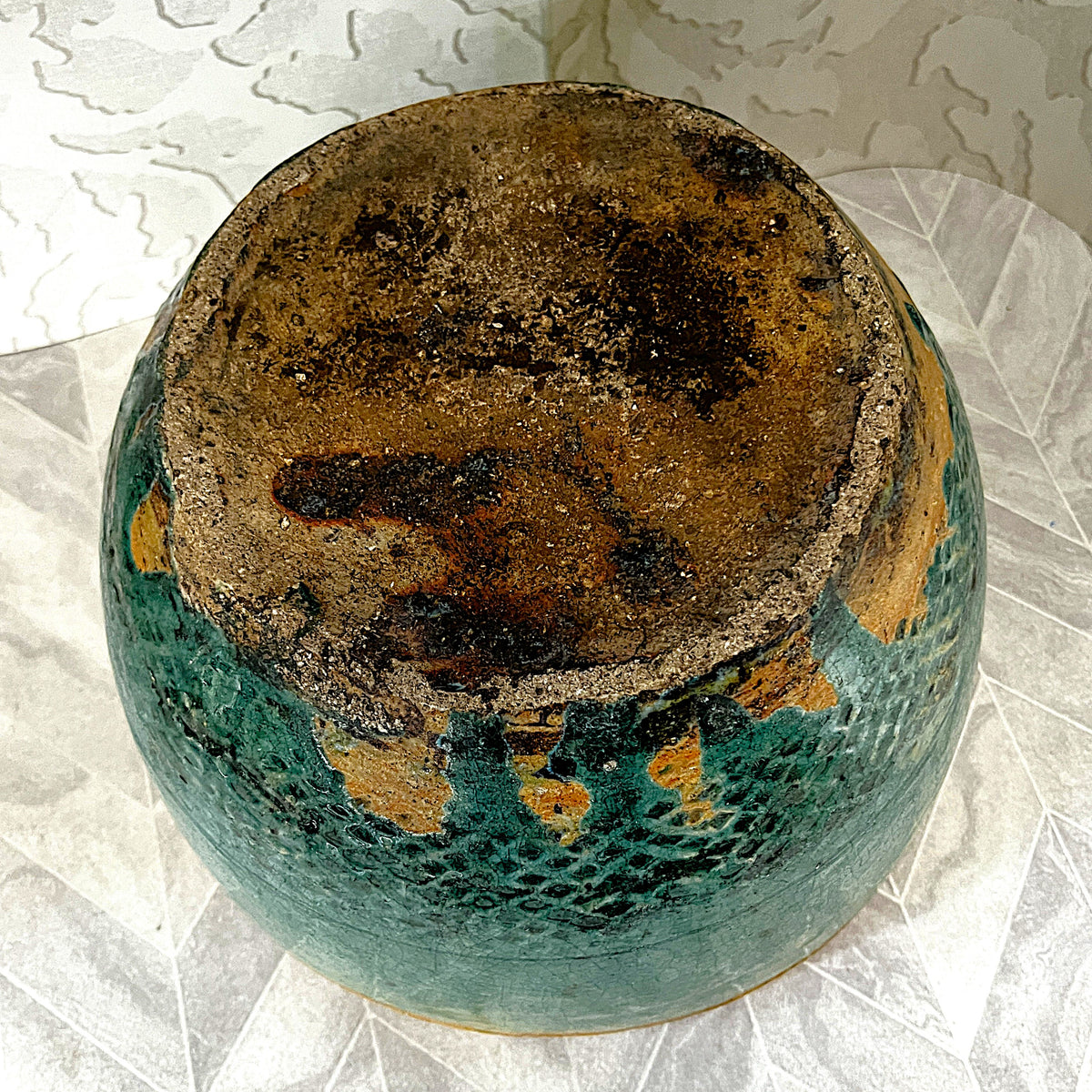 Oriental Art: Antique 19th-Century Chinese Provincial Turquoise Glazed Wabi-Sabi Planter Bowl