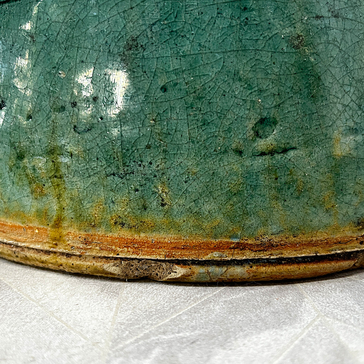 Oriental Art: Antique 19th-Century Chinese Provincial Turquoise Glazed Wabi-Sabi Planter Bowl