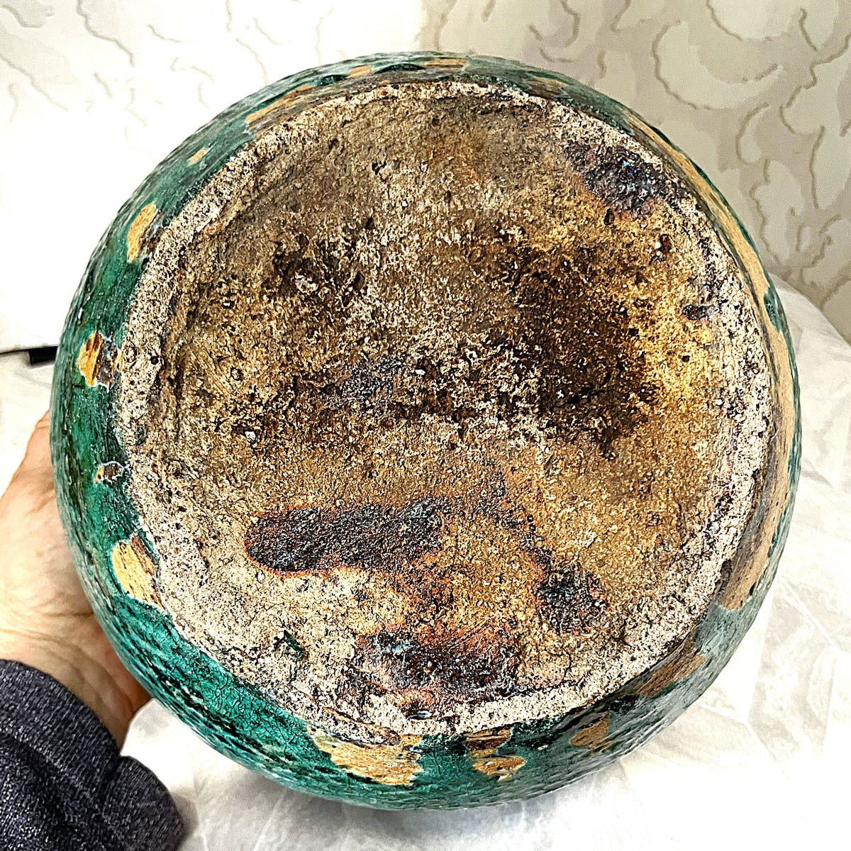 Oriental Art: Antique 19th-Century Chinese Provincial Turquoise Glazed Wabi-Sabi Planter Bowl