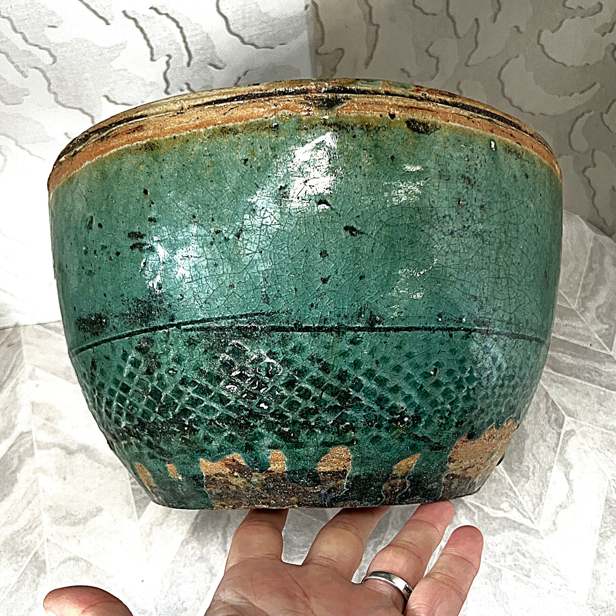 Oriental Art: Antique 19th-Century Chinese Provincial Turquoise Glazed Wabi-Sabi Planter Bowl