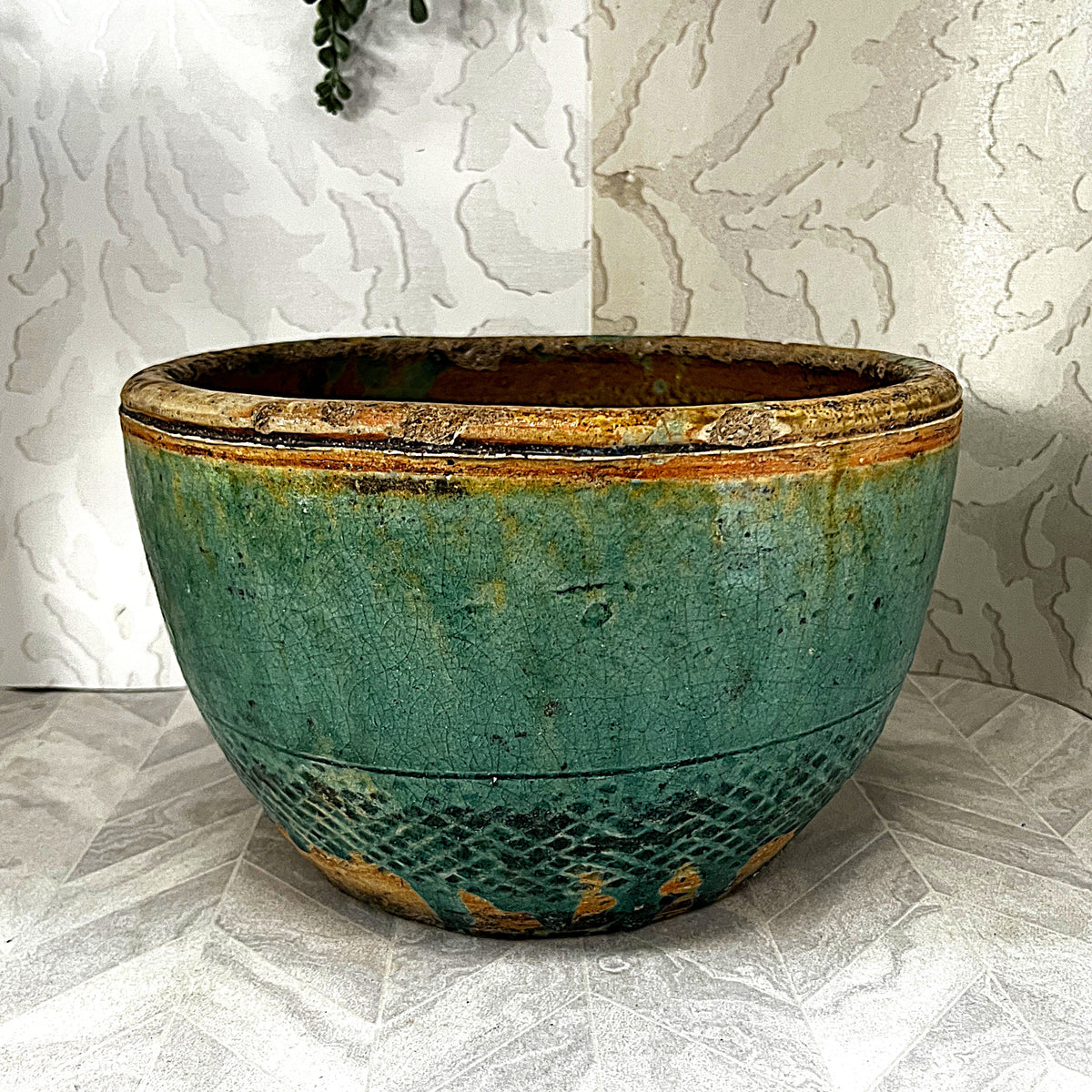Oriental Art: Antique 19th-Century Chinese Provincial Turquoise Glazed Wabi-Sabi Planter Bowl