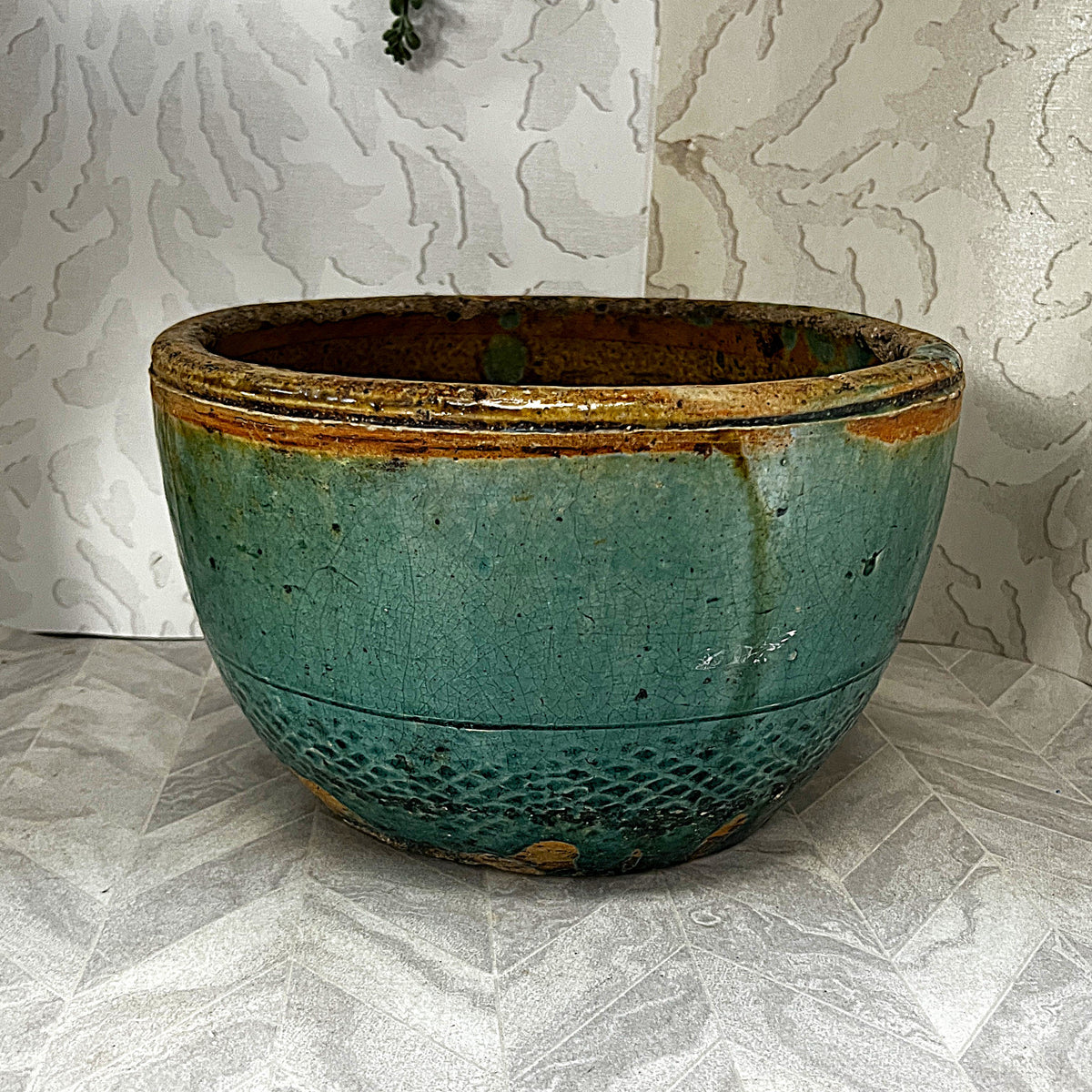 Oriental Art: Antique 19th-Century Chinese Provincial Turquoise Glazed Wabi-Sabi Planter Bowl