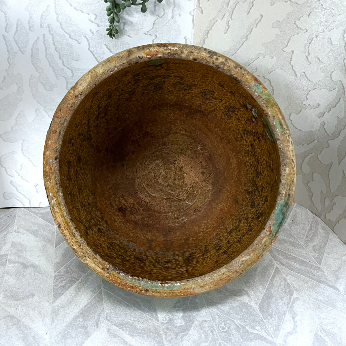 Oriental Art: Antique 19th-Century Chinese Provincial Turquoise Glazed Wabi-Sabi Planter Bowl