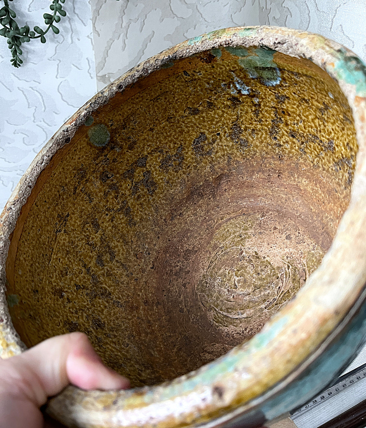 Oriental Art: Antique 19th-Century Chinese Provincial Turquoise Glazed Wabi-Sabi Planter Bowl