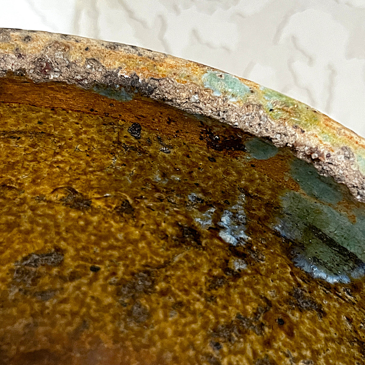Oriental Art: Antique 19th-Century Chinese Provincial Turquoise Glazed Wabi-Sabi Planter Bowl