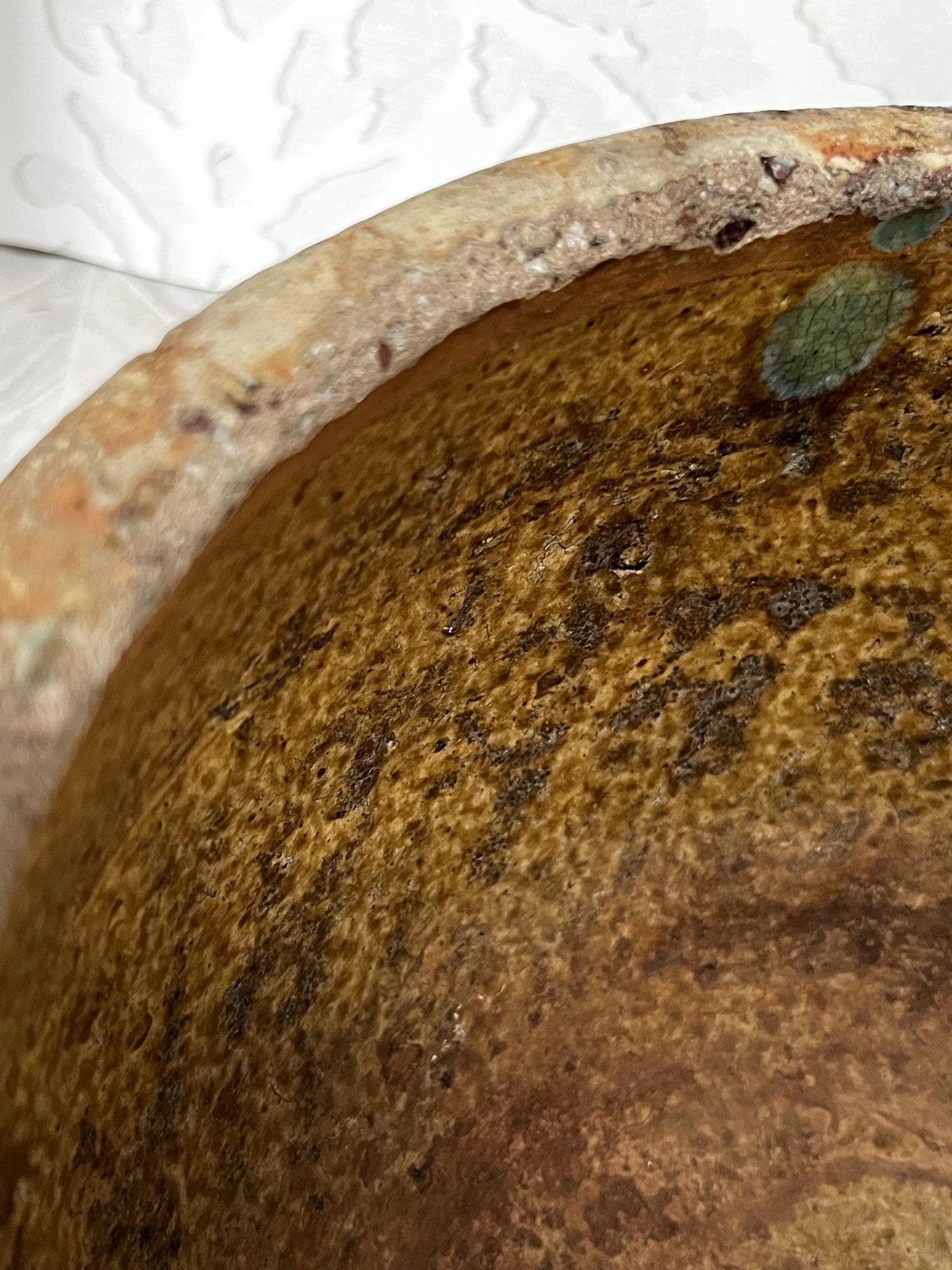 Oriental Art: Antique 19th-Century Chinese Provincial Turquoise Glazed Wabi-Sabi Planter Bowl
