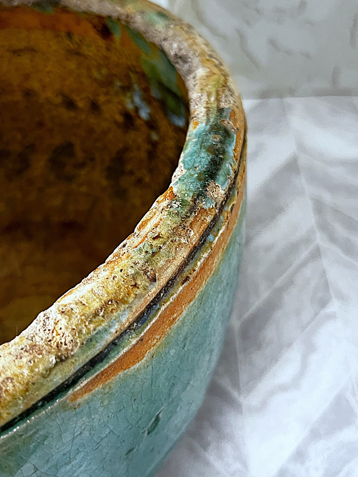 Oriental Art: Antique 19th-Century Chinese Provincial Turquoise Glazed Wabi-Sabi Planter Bowl