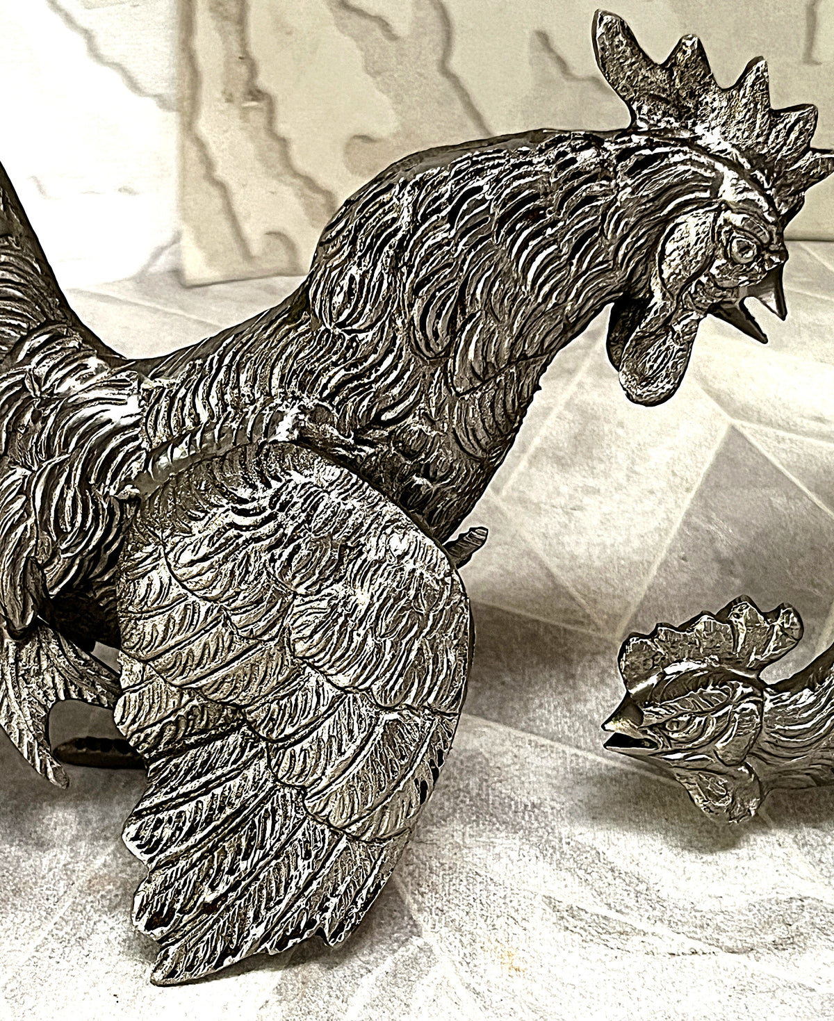 Animal Décor: Silver-Tone Heavy Cast Metal Fighting Roosters Tabletop Sculptures