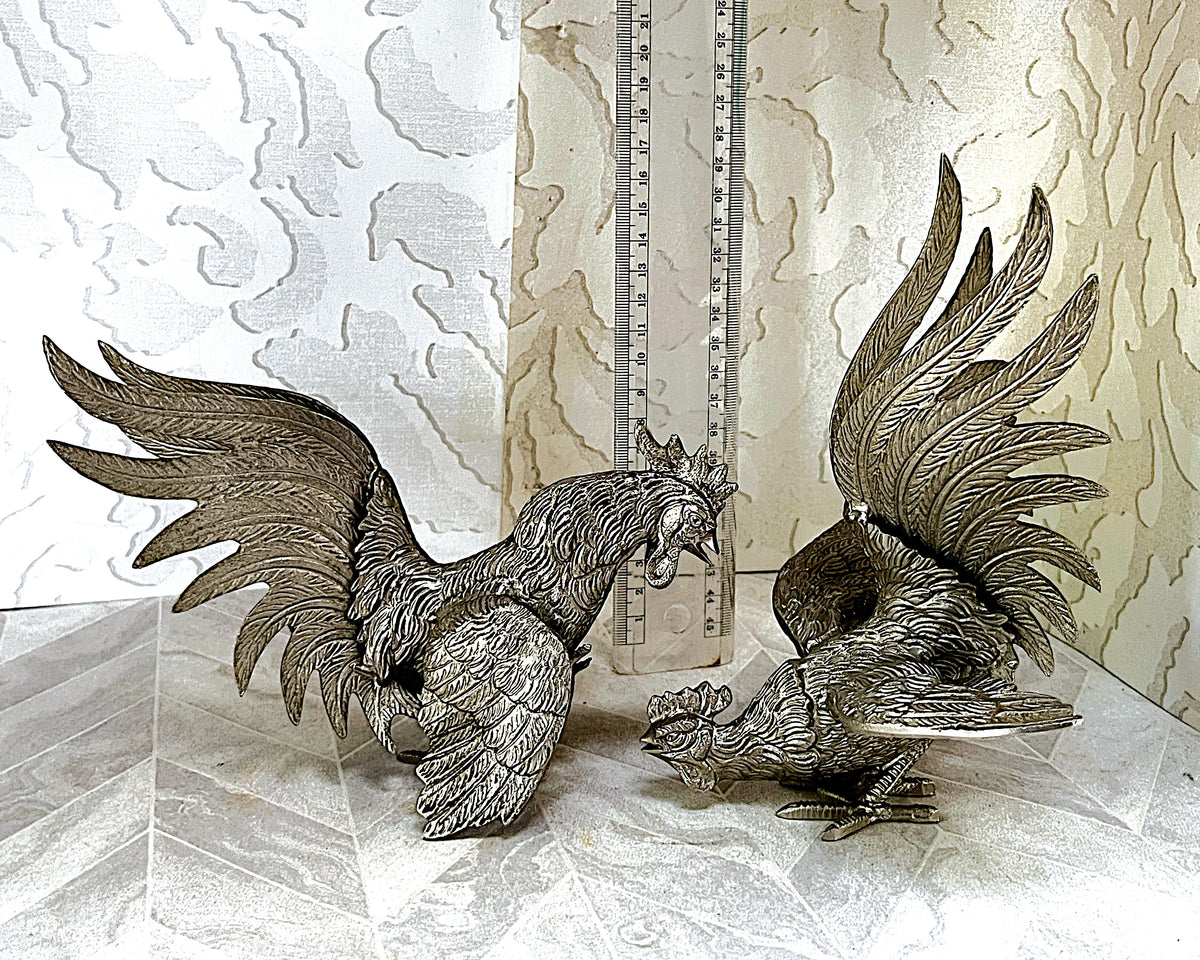 Animal Décor: Silver-Tone Heavy Cast Metal Fighting Roosters Tabletop Sculptures