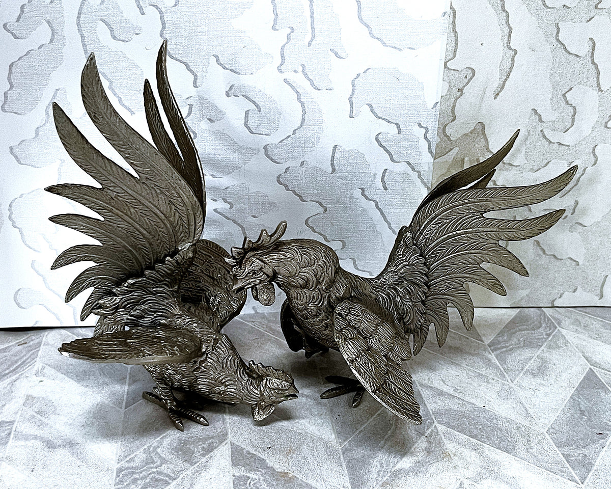 Animal Décor: Silver-Tone Heavy Cast Metal Fighting Roosters Tabletop Sculptures