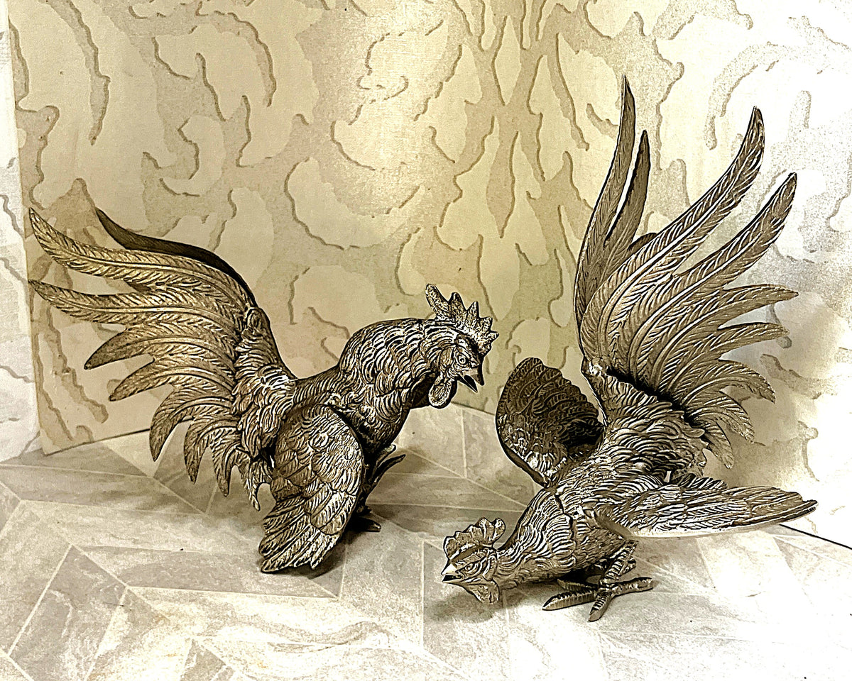 Animal Décor: Silver-Tone Heavy Cast Metal Fighting Roosters Tabletop Sculptures