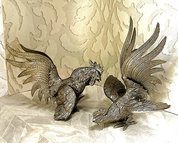 Animal Décor: Silver-Tone Heavy Cast Metal Fighting Roosters Tabletop Sculptures