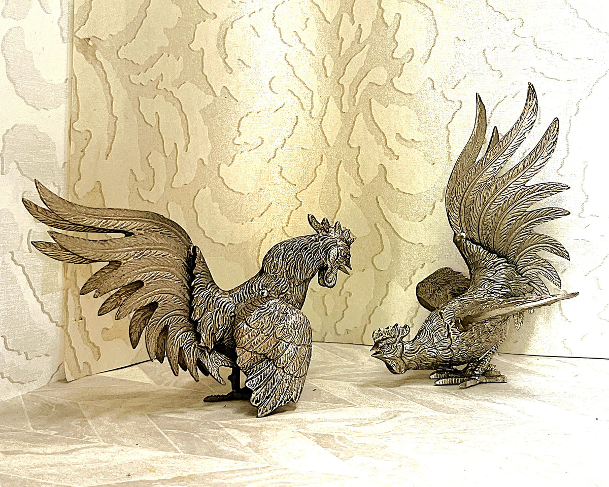 Animal Décor: Silver-Tone Heavy Cast Metal Fighting Roosters Tabletop Sculptures