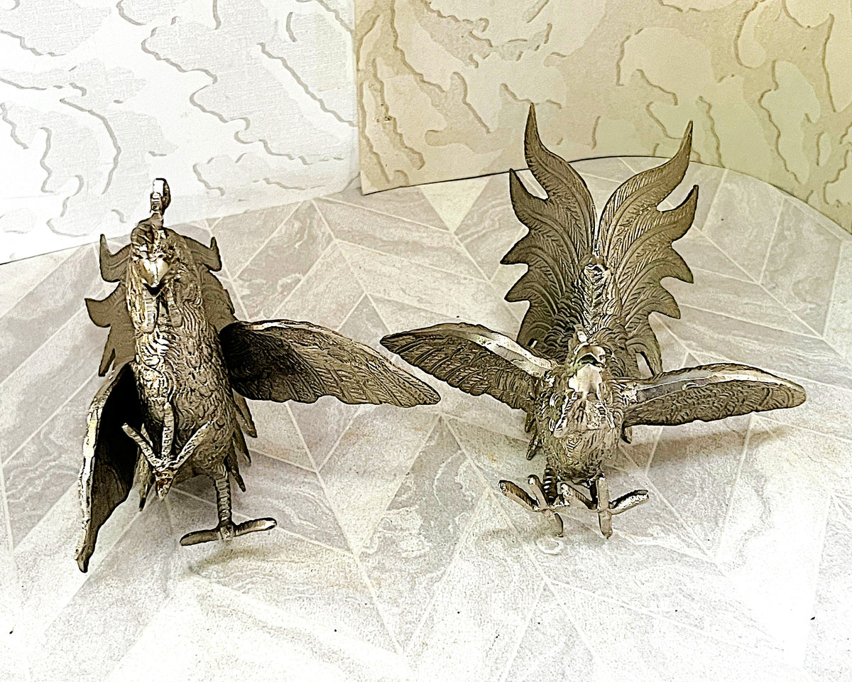 Animal Décor: Silver-Tone Heavy Cast Metal Fighting Roosters Tabletop Sculptures