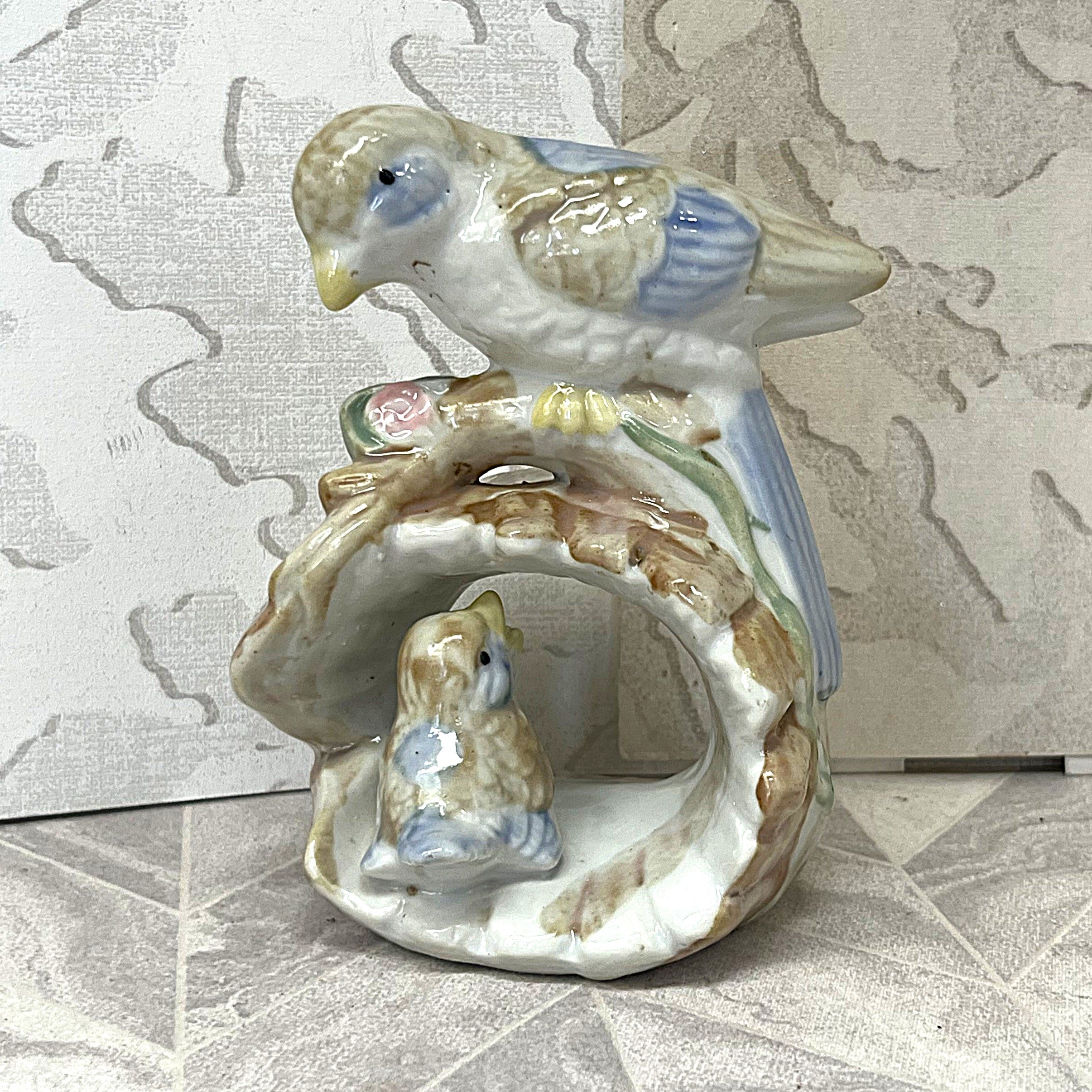 Animal Décor: Goebel Hand-Painted Porcelain Birds in Log Figurine