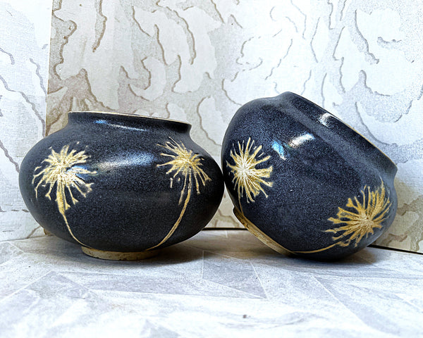 Studio Pottery: Contemporary Sgraffito Starburst Charcoal Stoneware Pots, 2