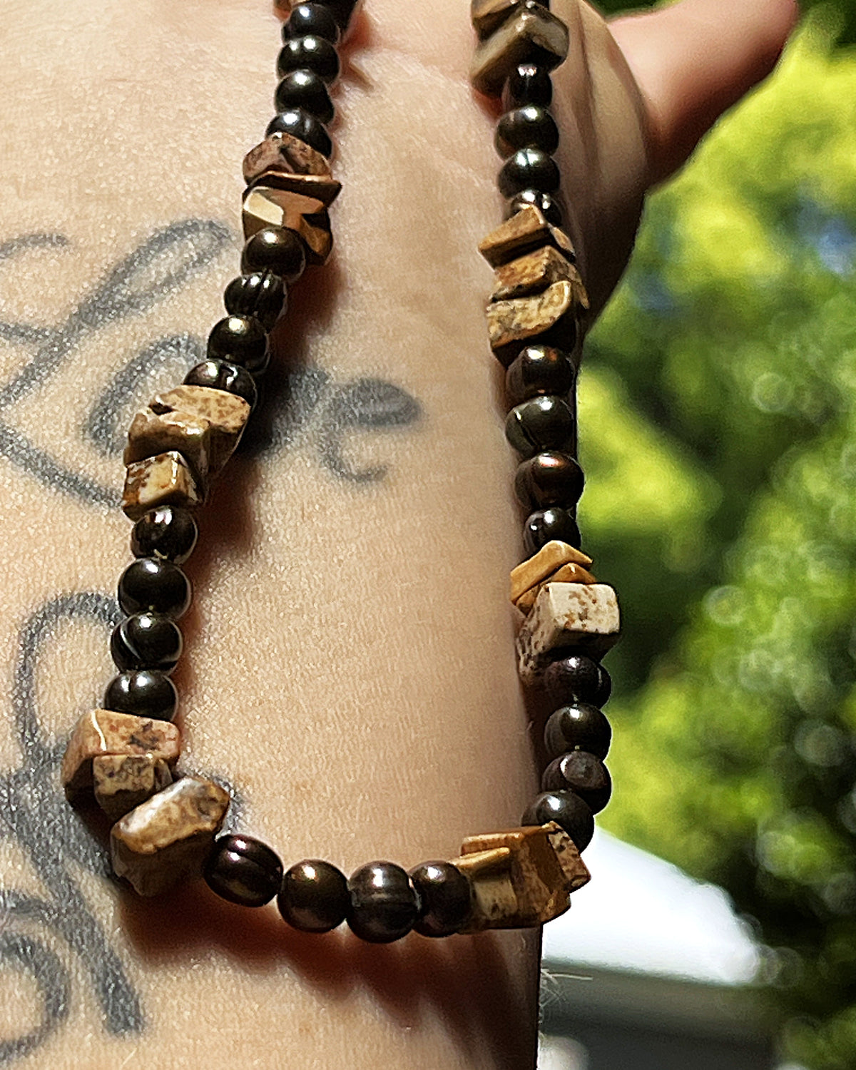 Jewellery: Artisan Bronze Baroque Freshwater Pearl & Picture Jasper Gemstone Necklace