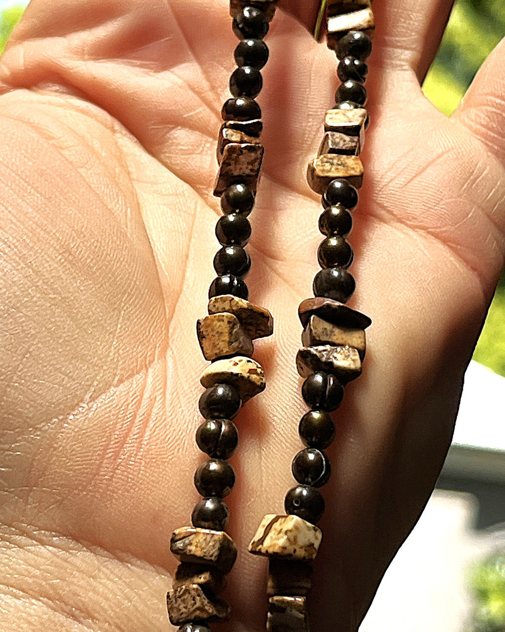 Jewellery: Artisan Bronze Baroque Freshwater Pearl & Picture Jasper Gemstone Necklace