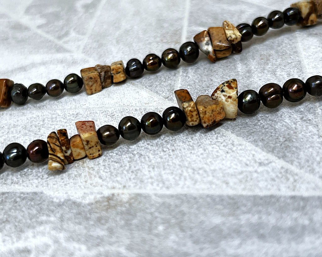 Jewellery: Artisan Bronze Baroque Freshwater Pearl & Picture Jasper Gemstone Necklace