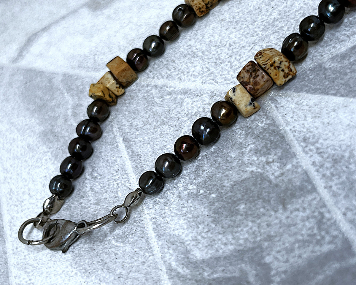 Jewellery: Artisan Bronze Baroque Freshwater Pearl & Picture Jasper Gemstone Necklace