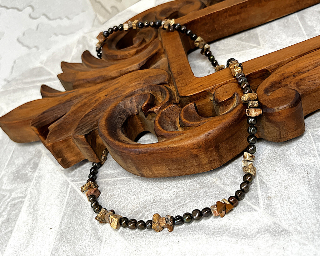 Jewellery: Artisan Bronze Baroque Freshwater Pearl & Picture Jasper Gemstone Necklace