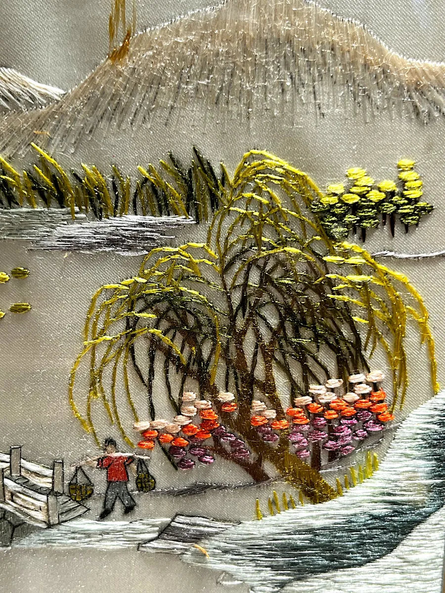 Textile Art: Chinese Silk Embroidery Hand-Stitched Landscape Artwork