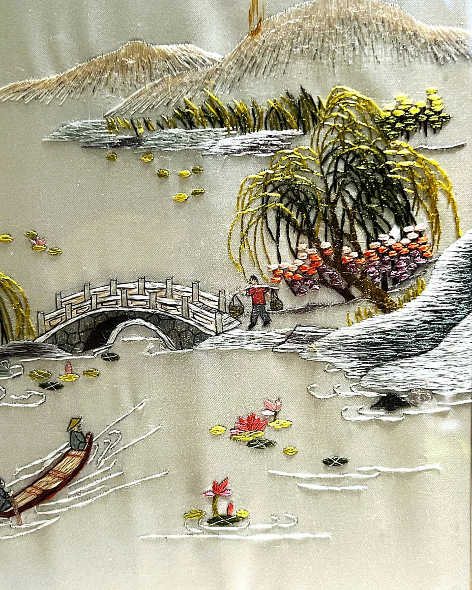 Textile Art: Chinese Silk Embroidery Hand-Stitched Landscape Artwork