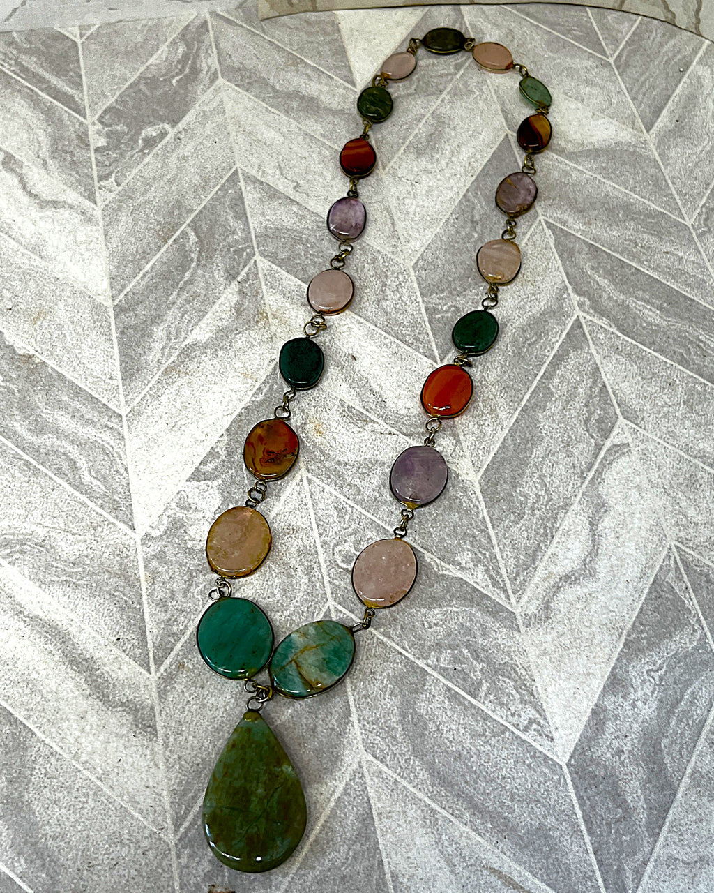 Jewellery: Brass Multi-Gemstone Link Statement Opera Necklace