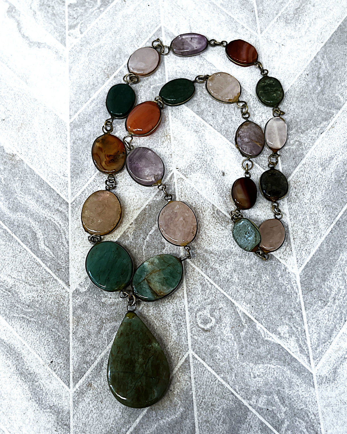 Jewellery: Brass Multi-Gemstone Link Statement Opera Necklace