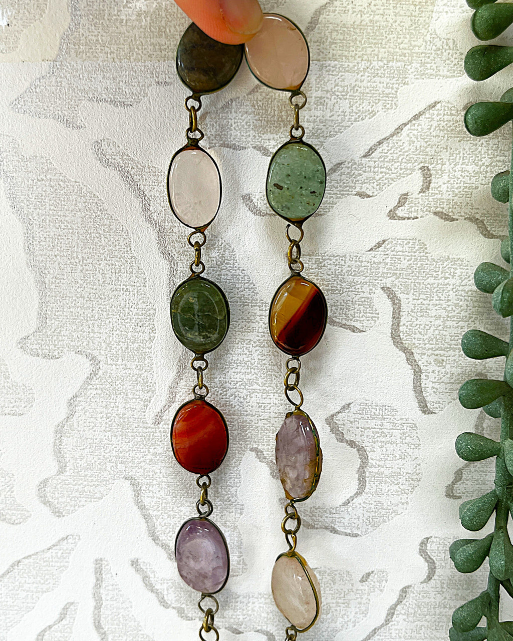 Jewellery: Brass Multi-Gemstone Link Statement Opera Necklace