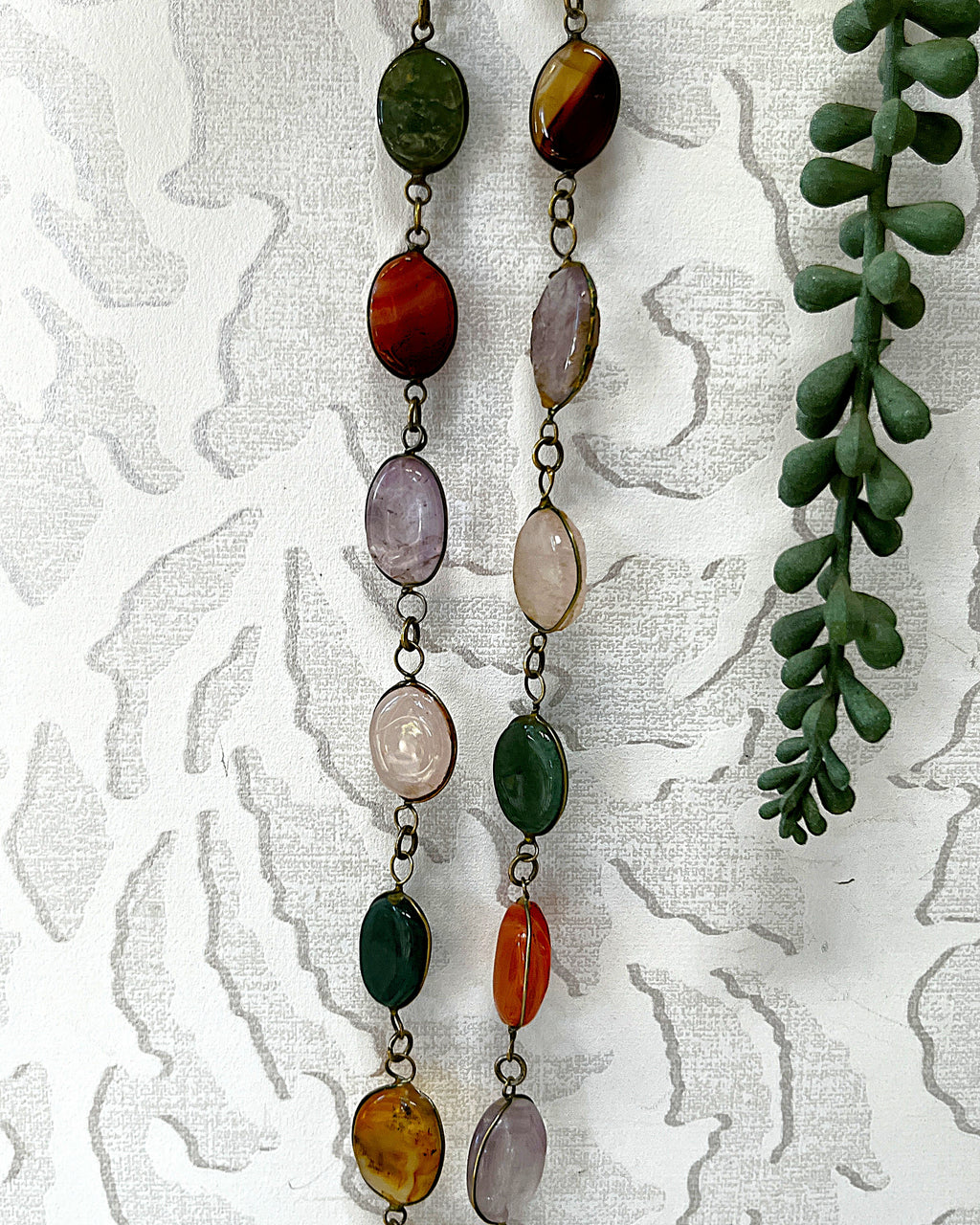 Jewellery: Brass Multi-Gemstone Link Statement Opera Necklace