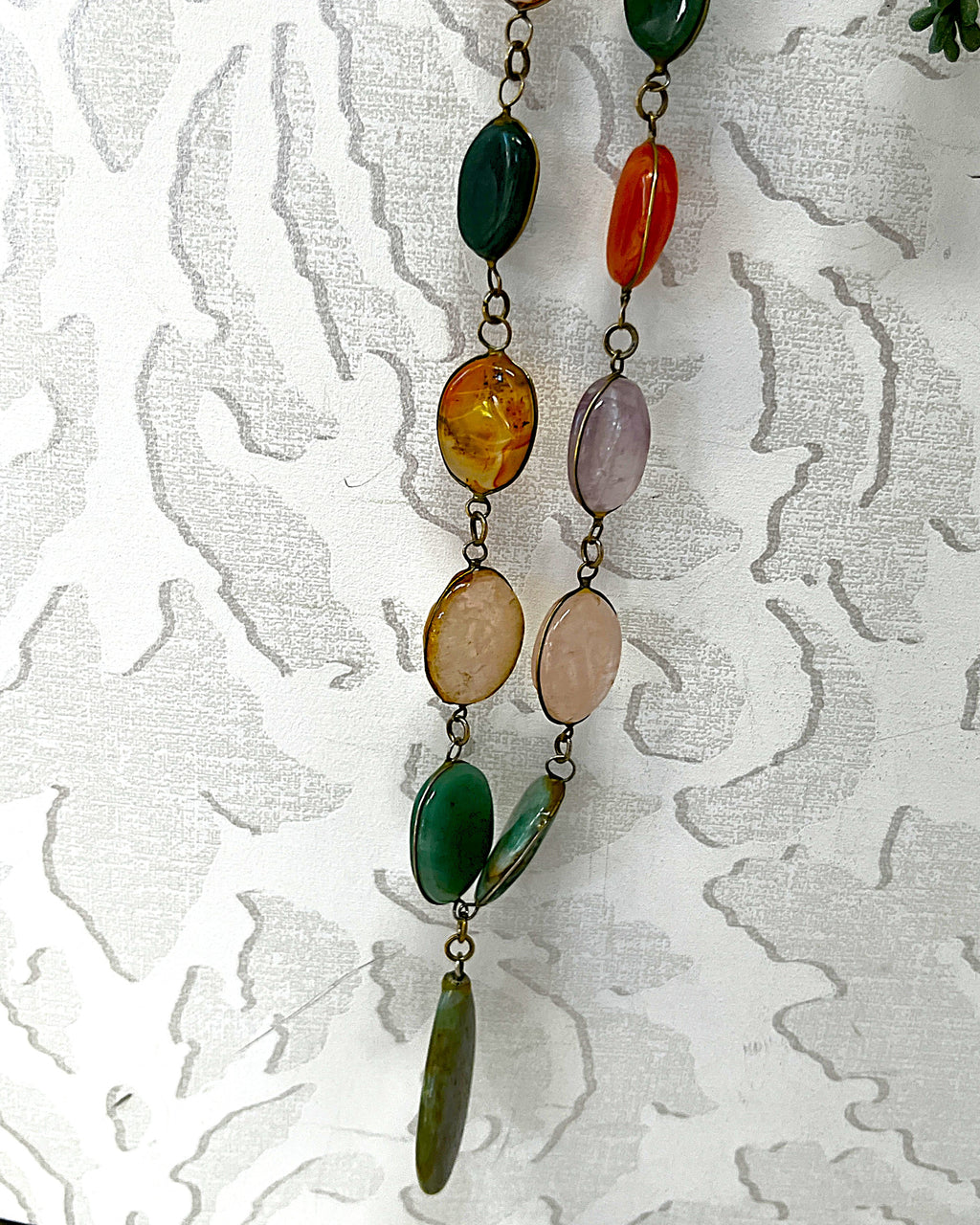 Jewellery: Brass Multi-Gemstone Link Statement Opera Necklace
