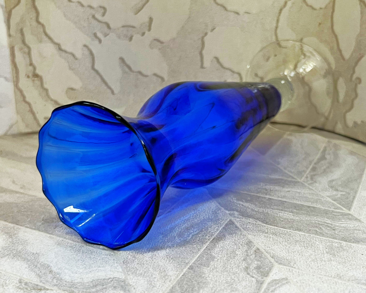 Vases: Cobalt Blue Optic-Rib Fluted Pedestal Glass Vase