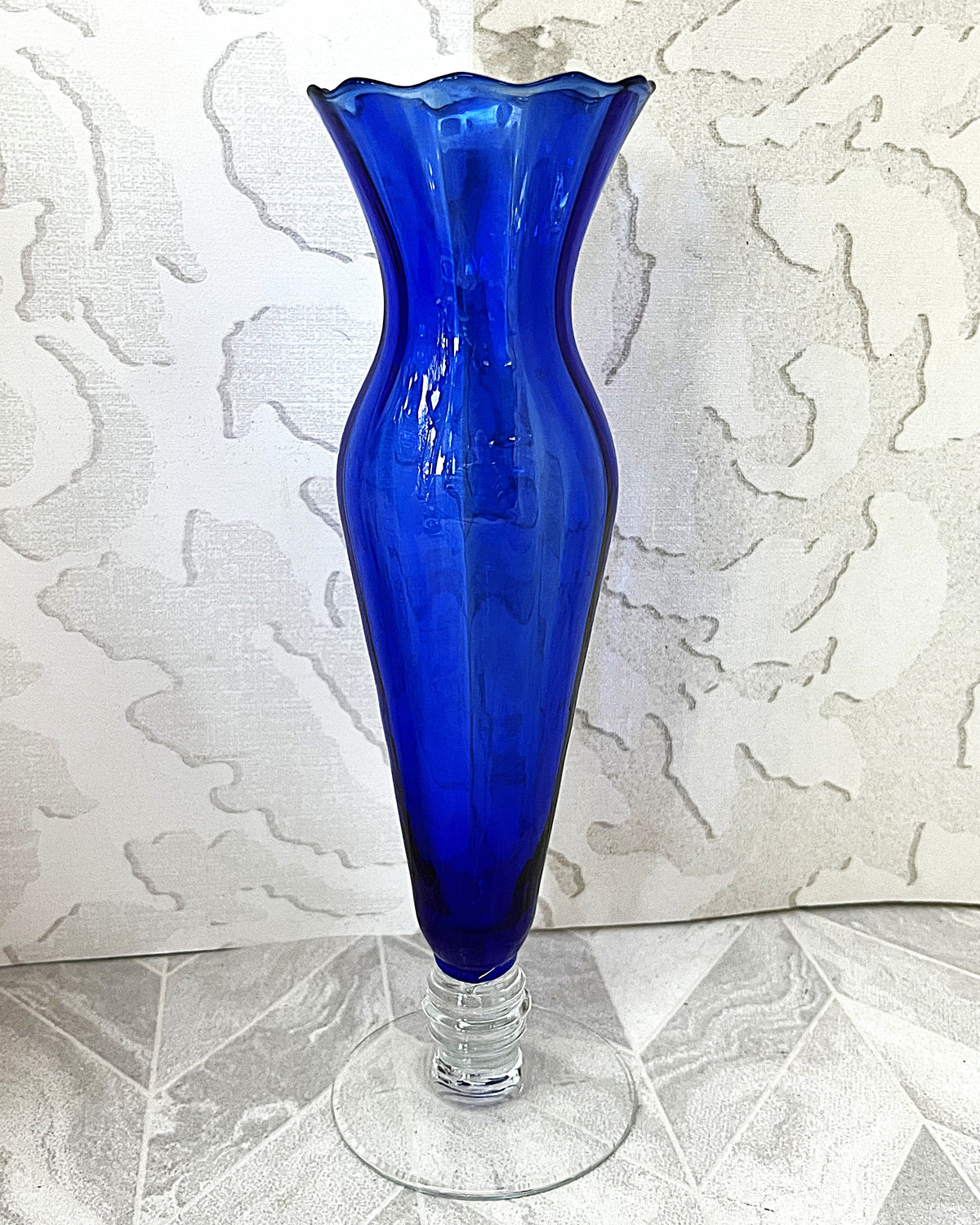 Vases: Cobalt Blue Optic-Rib Fluted Pedestal Glass Vase
