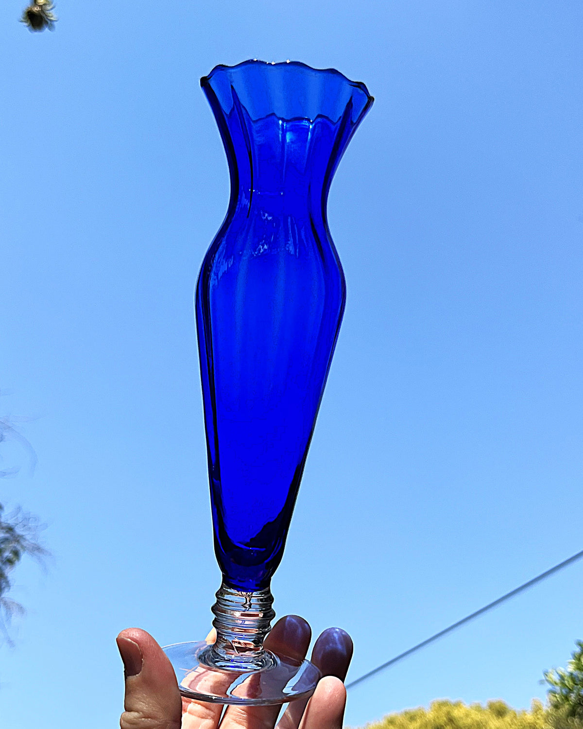 Vases: Cobalt Blue Optic-Rib Fluted Pedestal Glass Vase