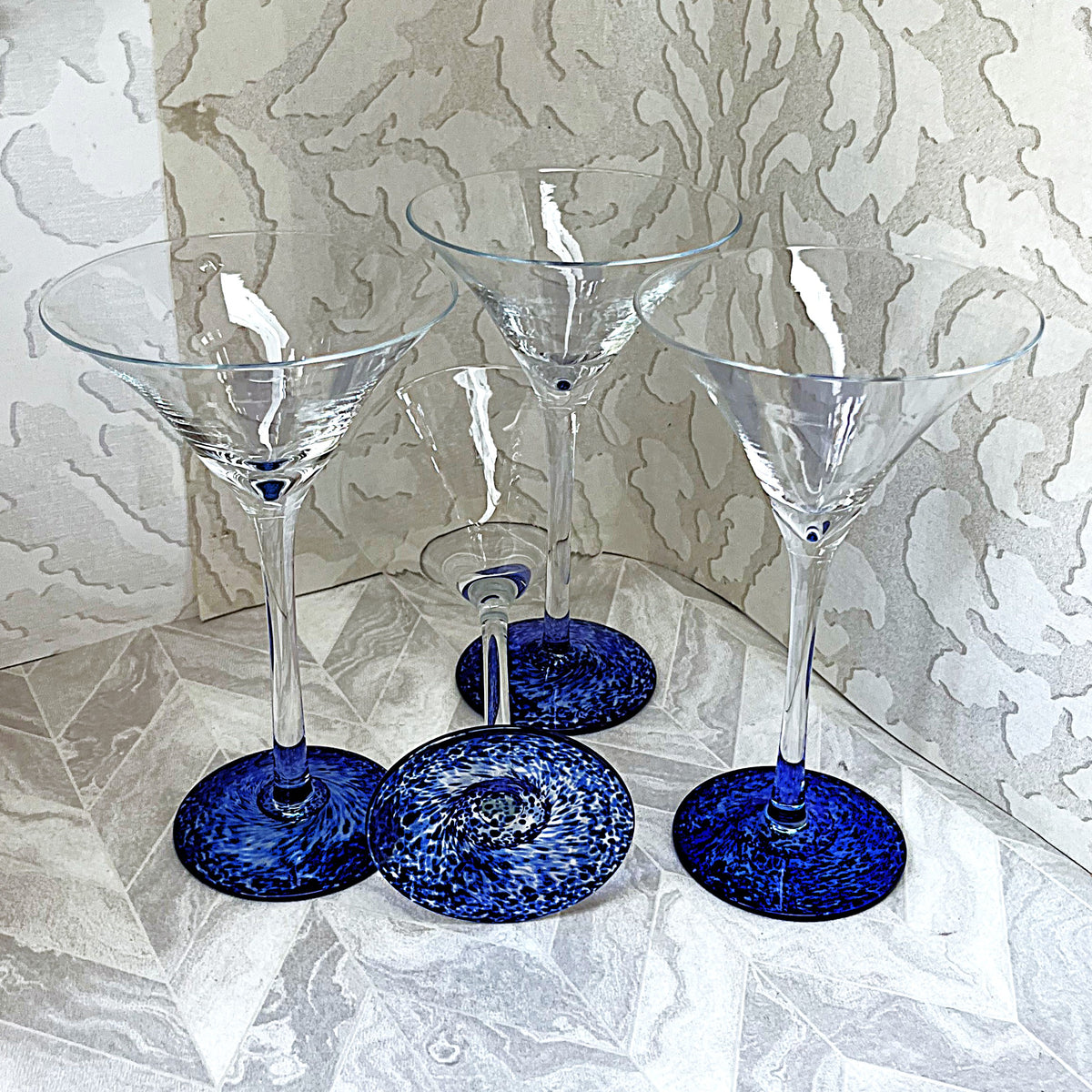 Stemware: Luminarc France Cobalt Blue Swirl Base Martini Glasses, 4