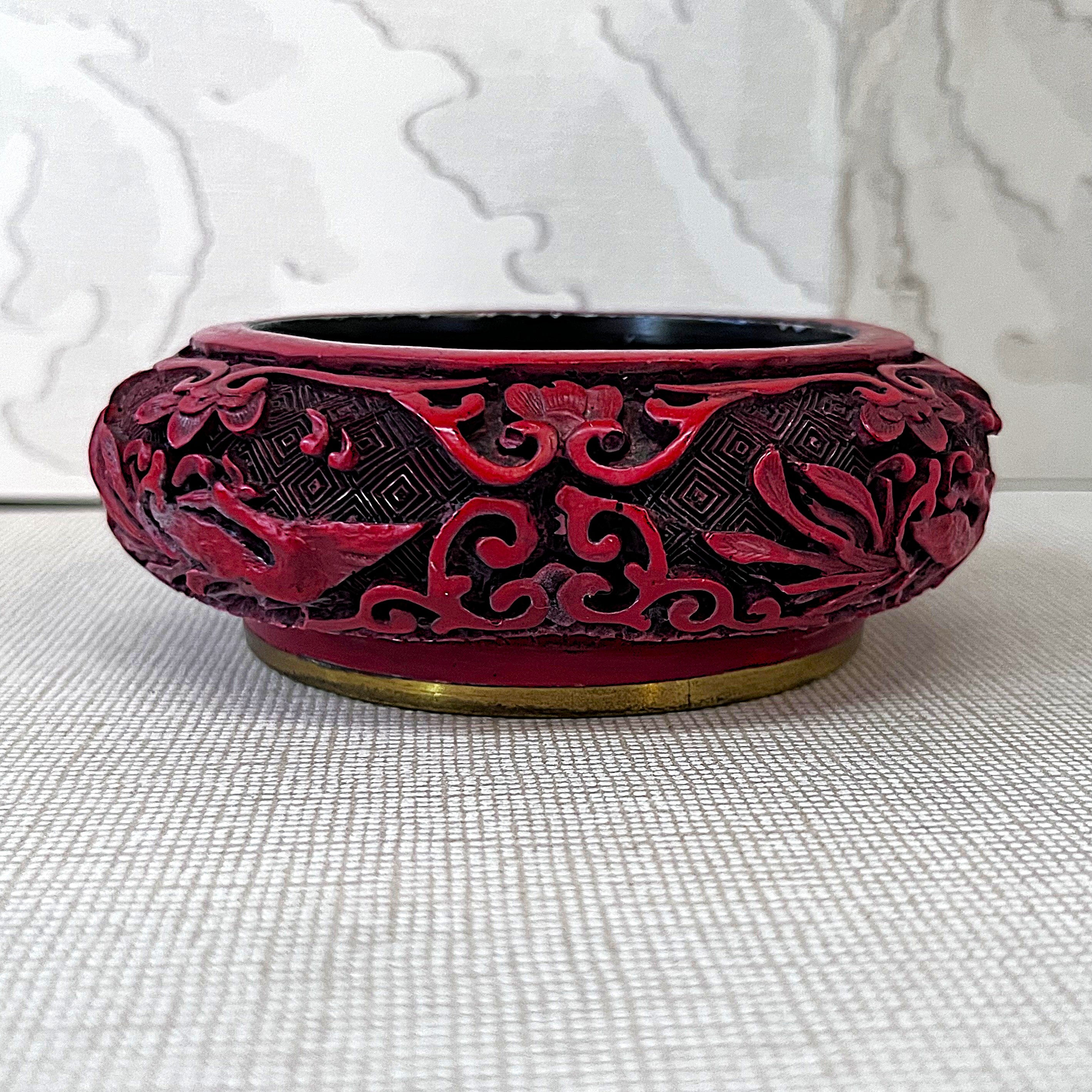 Asian Art: Chinese Cinnabar Lacquer Enamel & Brass Foliate Bowl