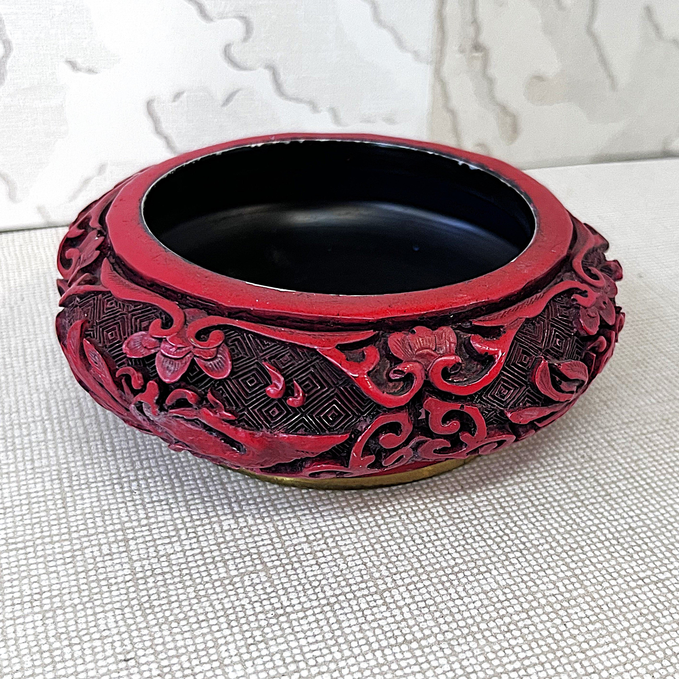 Asian Art: Chinese Cinnabar Lacquer Enamel & Brass Foliate Bowl