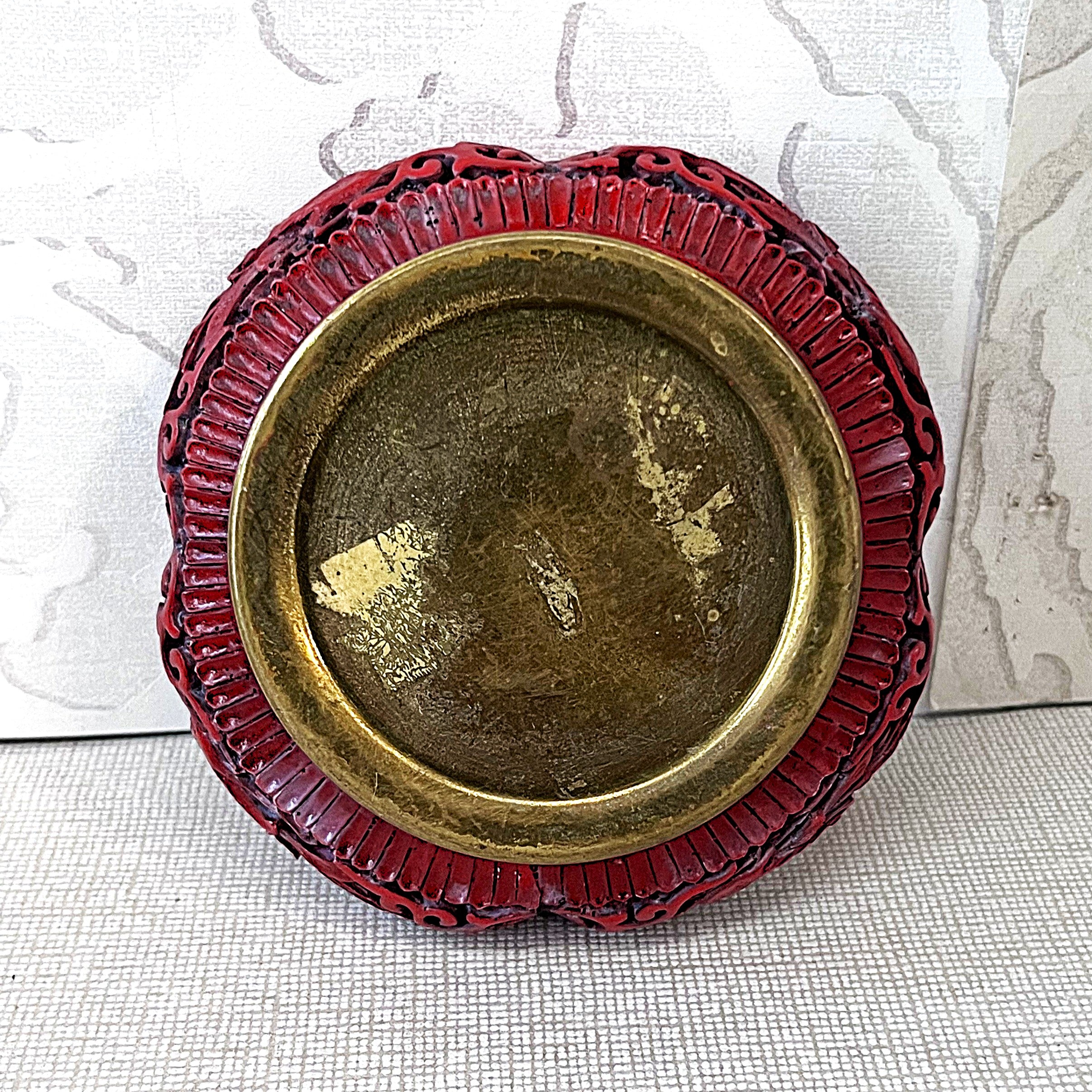 Asian Art: Chinese Cinnabar Lacquer Enamel & Brass Foliate Bowl