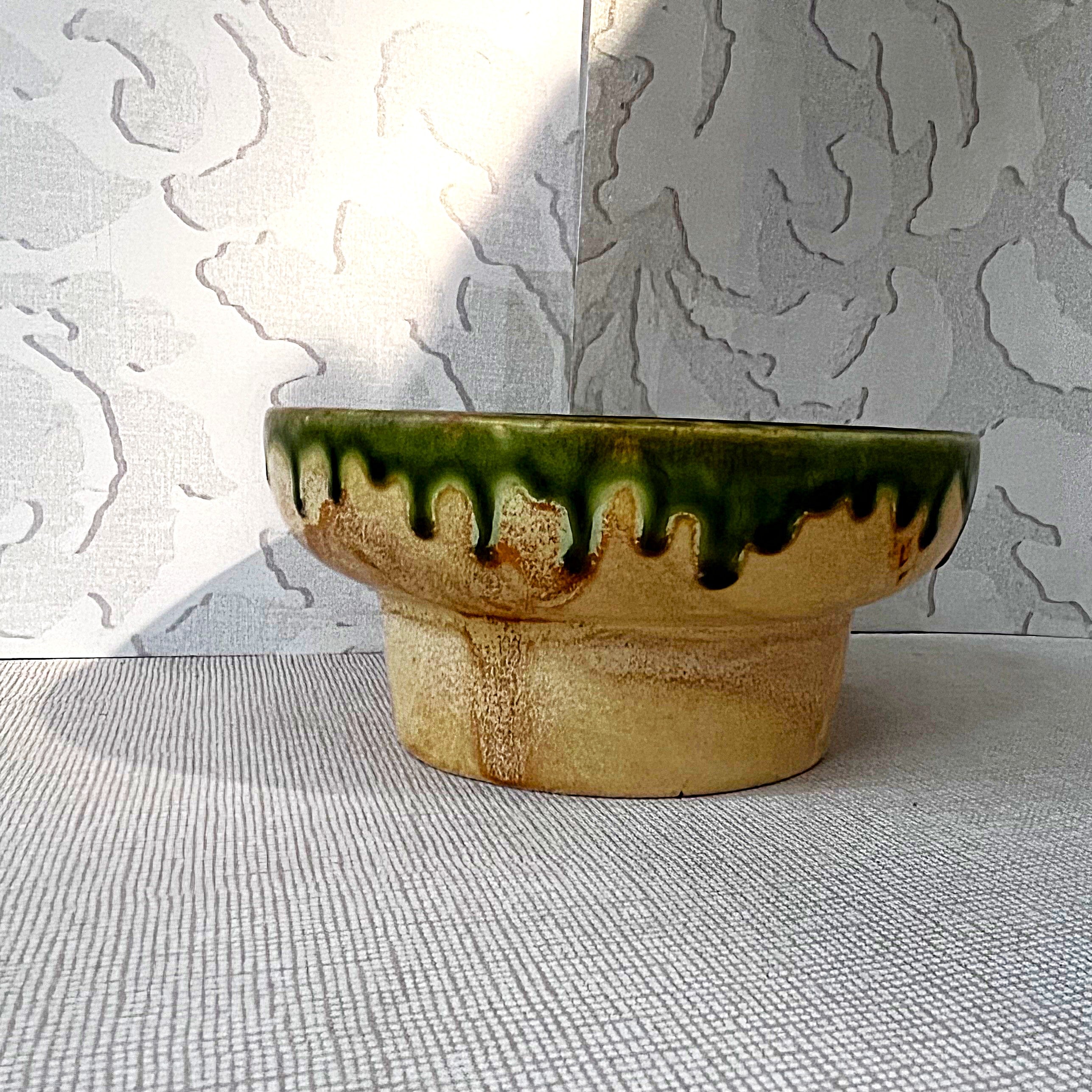 Planter: Mid-Century Green Drip-Glaze Pedestal Bowl
