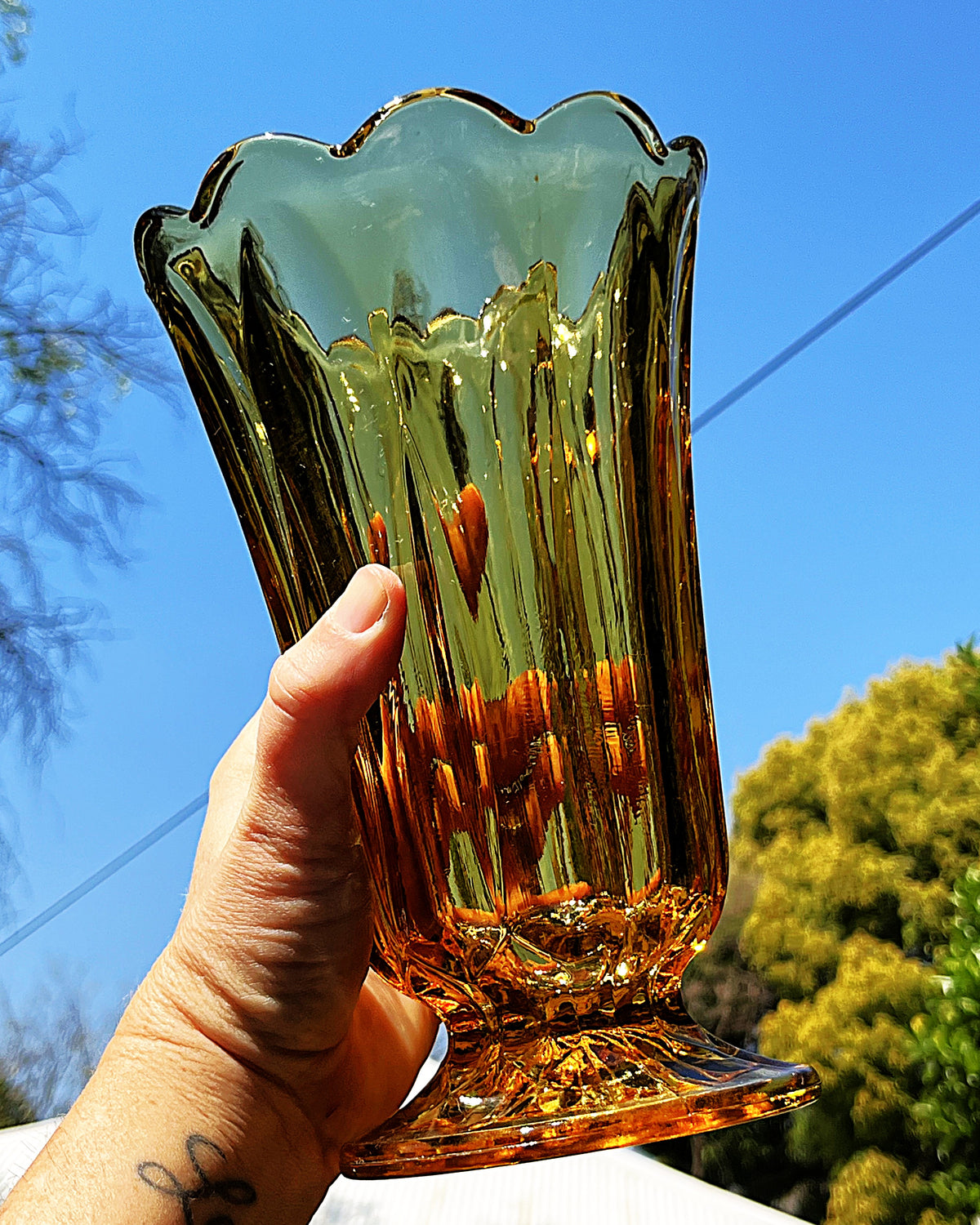 Vases: Anchor Hocking Fairfield Honey Gold Fluted Pedestal Vase