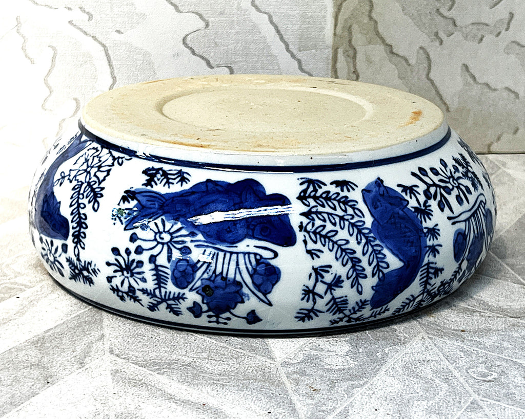Planter: Chinese Hand-Painted Blue & White Porcelain Carp & Lotus Motif Bulb Planter Bowl