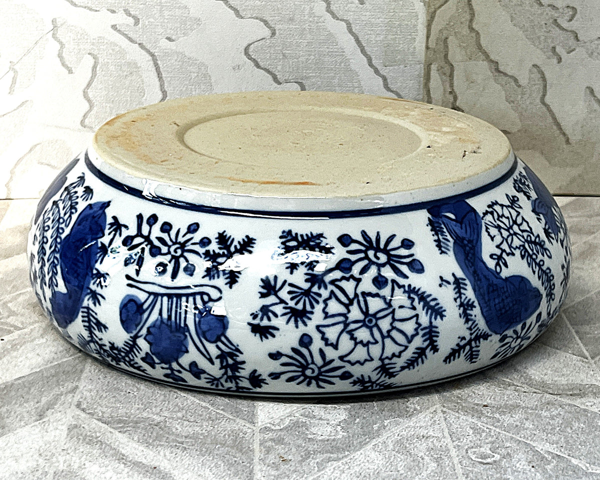 Planter: Chinese Hand-Painted Blue & White Porcelain Carp & Lotus Motif Bulb Planter Bowl