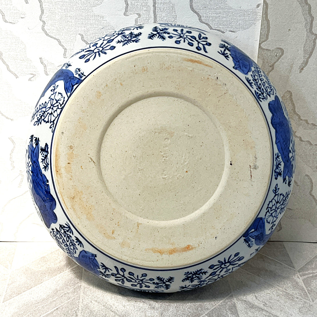 Planter: Chinese Hand-Painted Blue & White Porcelain Carp & Lotus Motif Bulb Planter Bowl