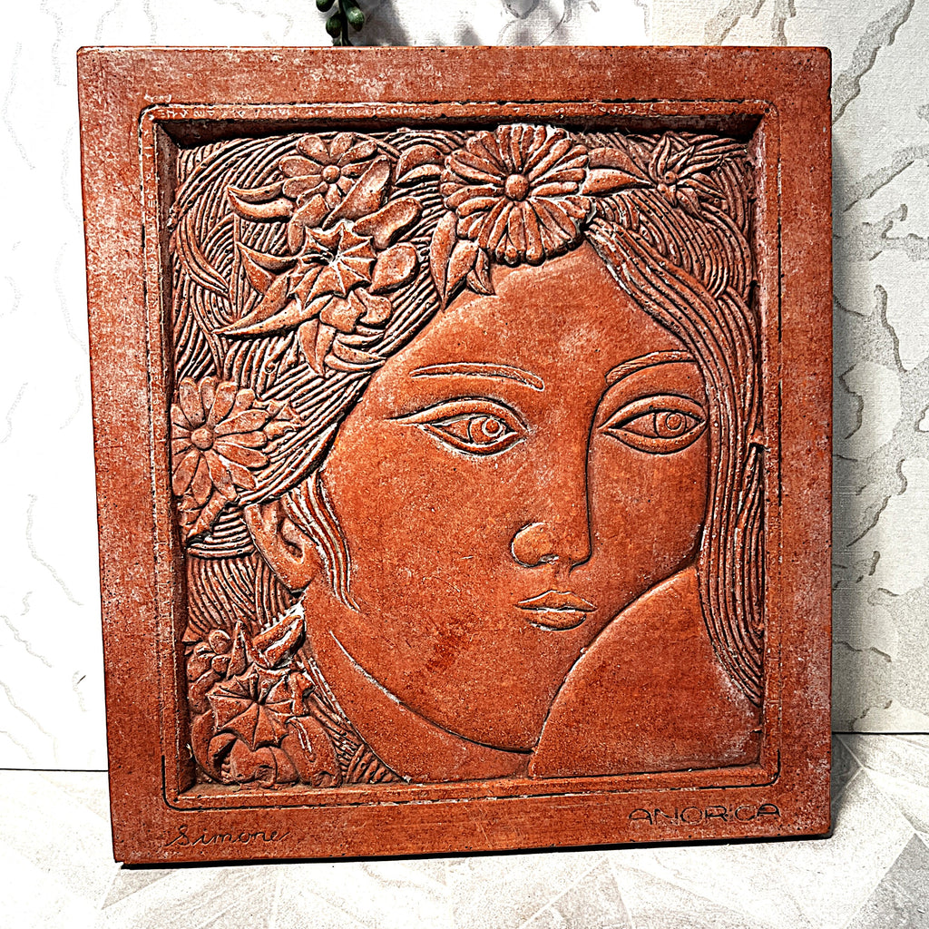 Three-Dimensional Wall Art: ANORICA "Simone" Terracotta Floral Maiden Wall Relief Plaque