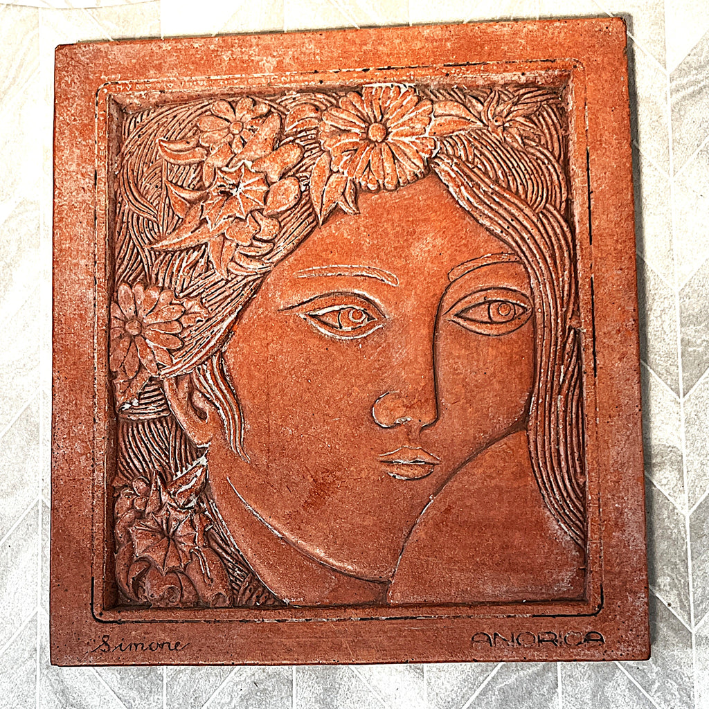 Three-Dimensional Wall Art: ANORICA "Simone" Terracotta Floral Maiden Wall Relief Plaque