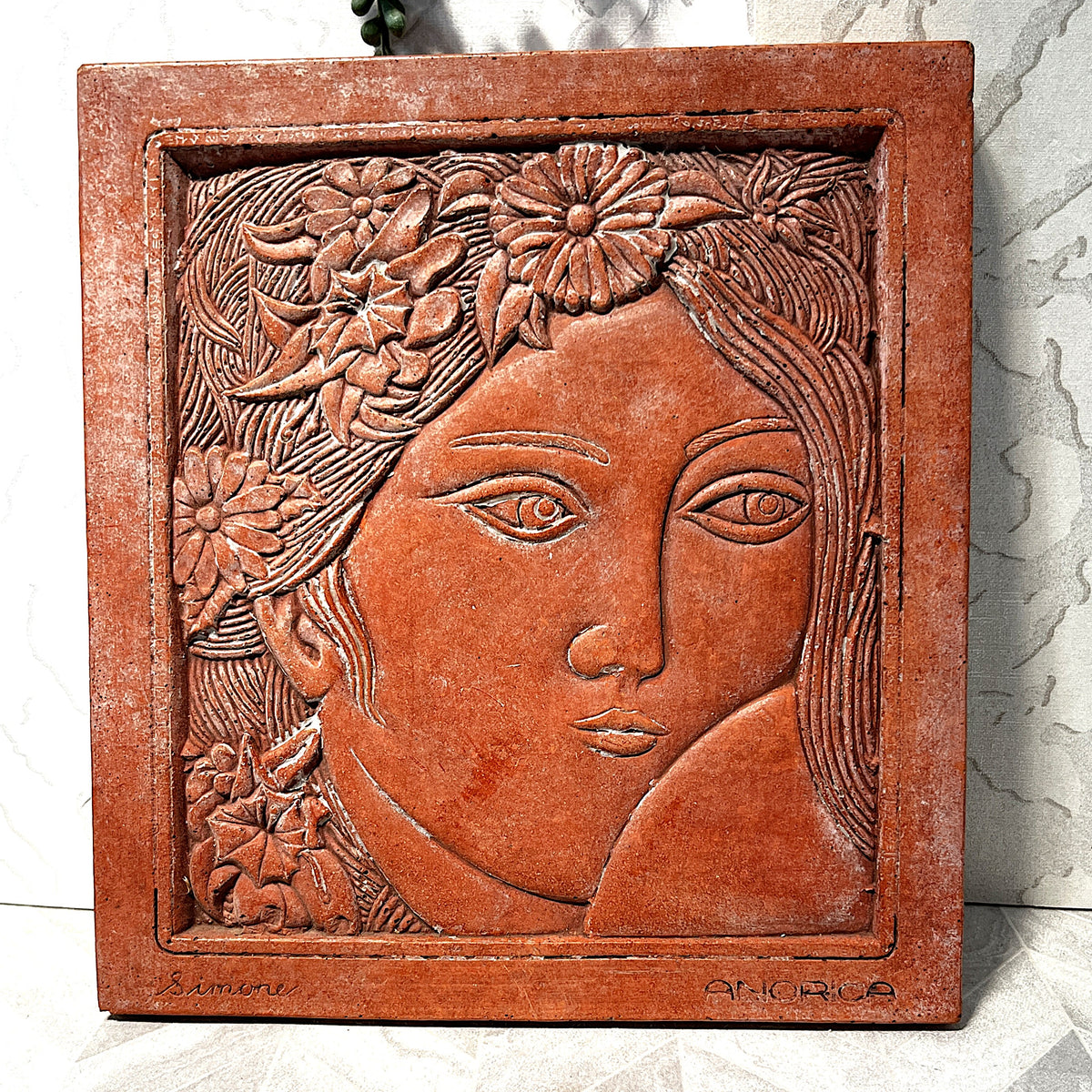 Three-Dimensional Wall Art: ANORICA "Simone" Terracotta Floral Maiden Wall Relief Plaque